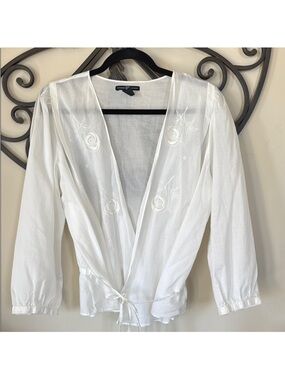 GAP White Embroidered Tie-Front Wrap Blouse